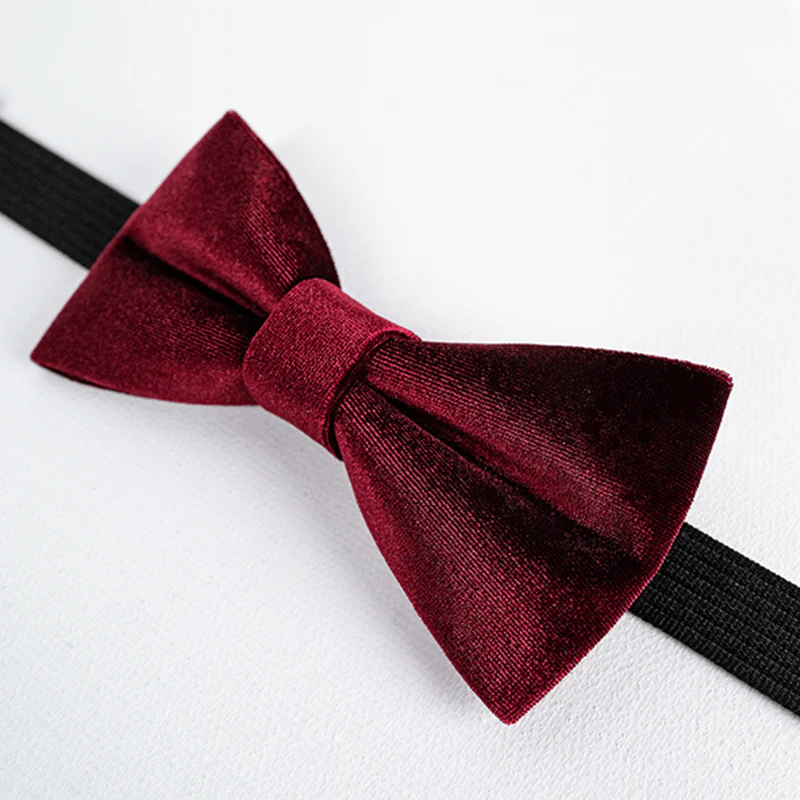 Men's Burgundy Solid Color Velvet Bow Tie - Image 5