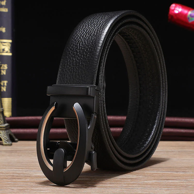 Men's C-Shaped Automatic Buckle Black Leather Belt