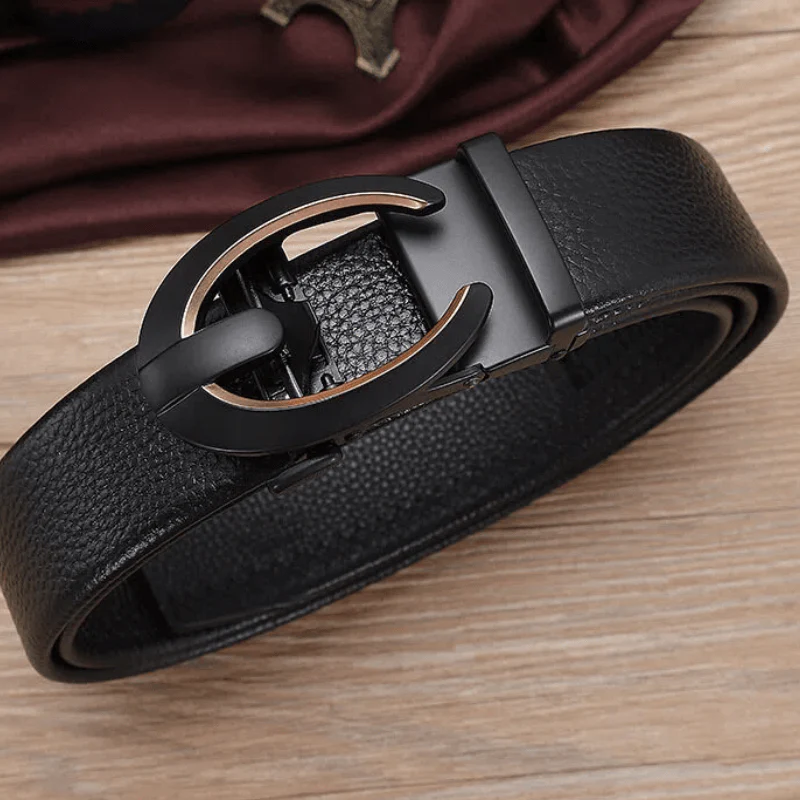 Men's C-Shaped Automatic Buckle Black Leather Belt - Image 2