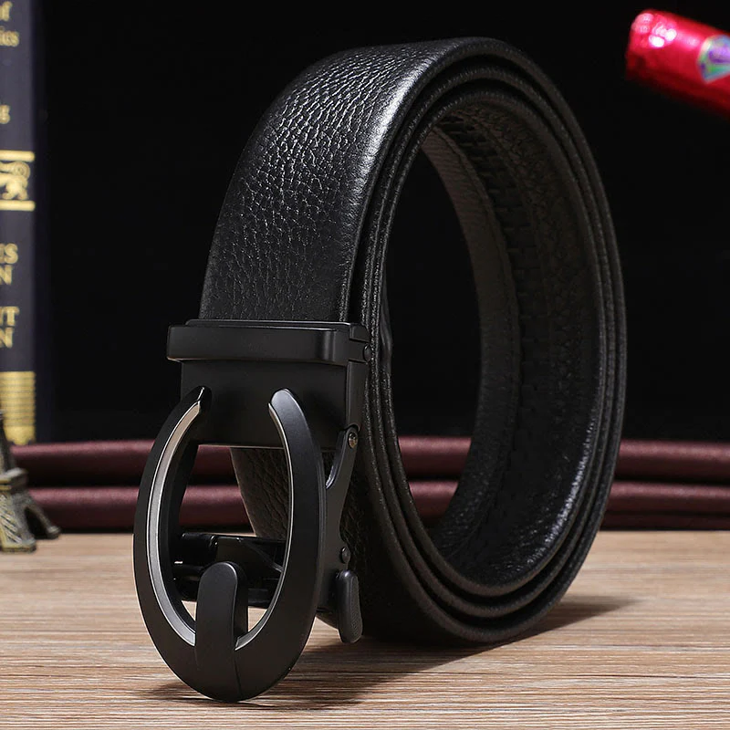 Men's C-Shaped Automatic Buckle Black Leather Belt - Image 5