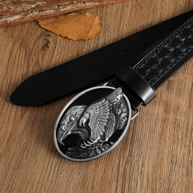 Men's Carved Bald Hawk Eagle Buckle Leather Belt - Image 7