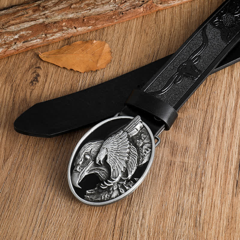 Men's Carved Bald Hawk Eagle Buckle Leather Belt - Image 9