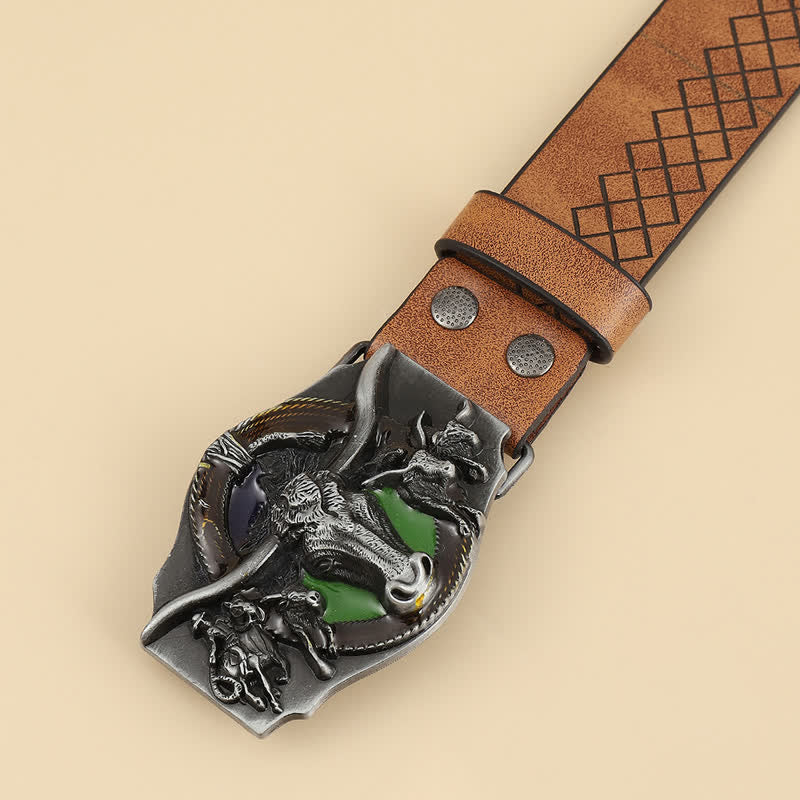 Men's Carved Cattle Longhorn Bull Leather Belt - Image 2