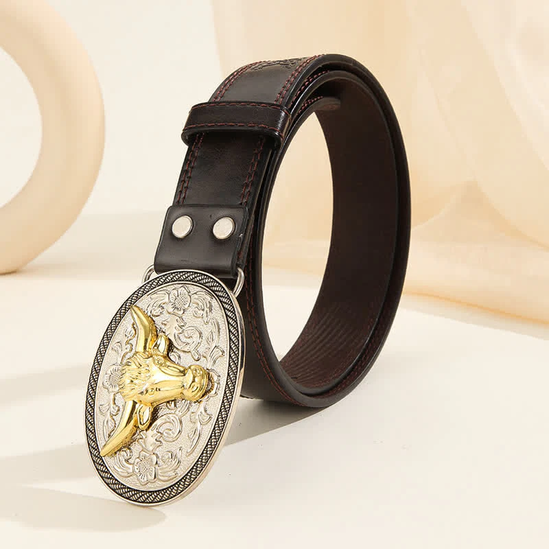 Men's Casual Golden Bull Head Floral Buckle Leather Belt - Image 2