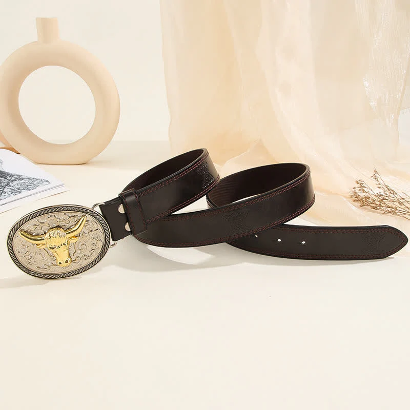 Men's Casual Golden Bull Head Floral Buckle Leather Belt - Image 3