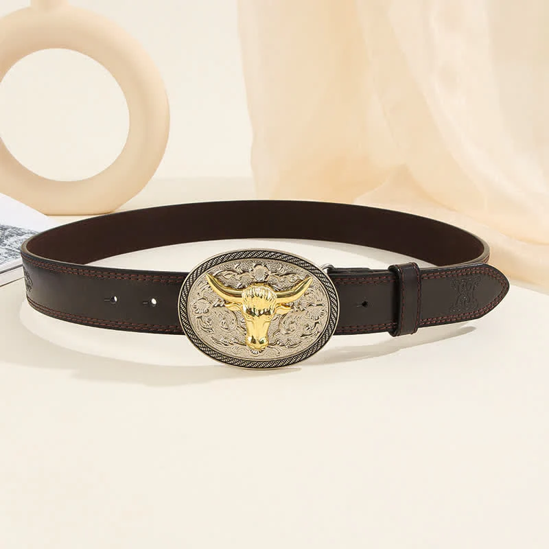 Men's Casual Golden Bull Head Floral Buckle Leather Belt - Image 4