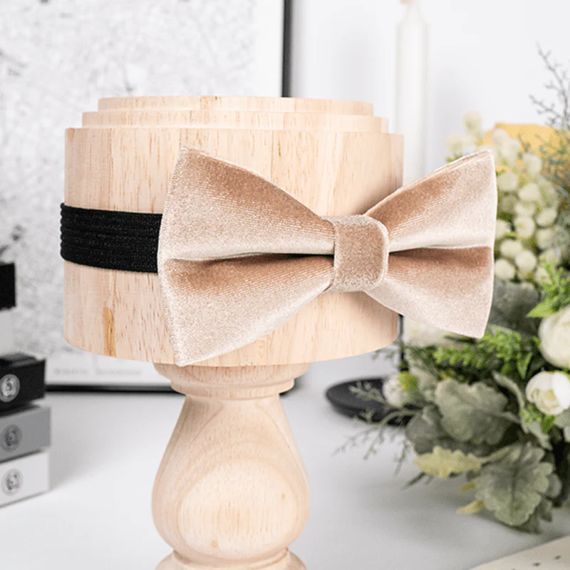 Men's Champagne Solid Color Velvet Bow Tie - Image 4