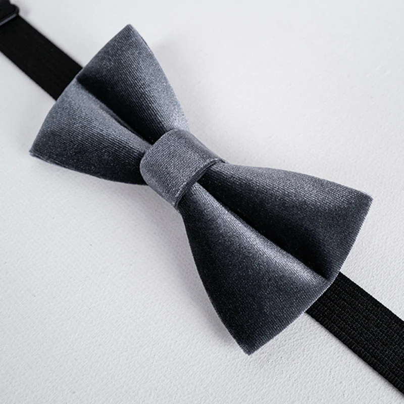 Men's Charcoal Gray Solid Color Velvet Bow Tie - Image 5