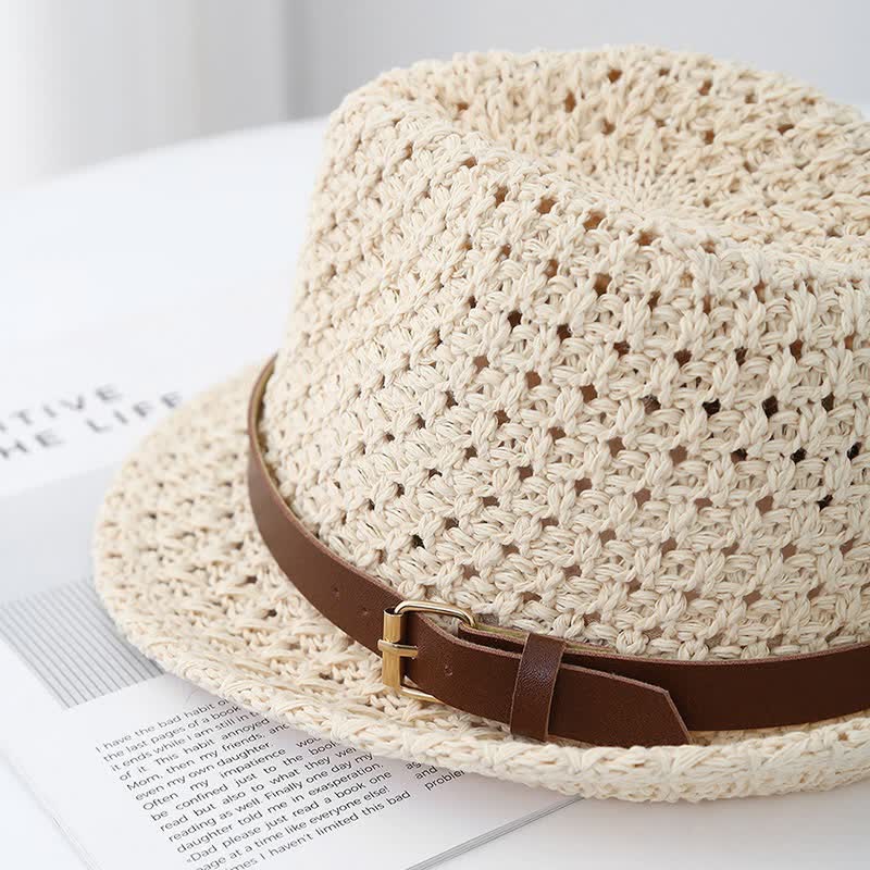Men's Classic British-style Leather Strap Straw Fedora Hat - Image 3