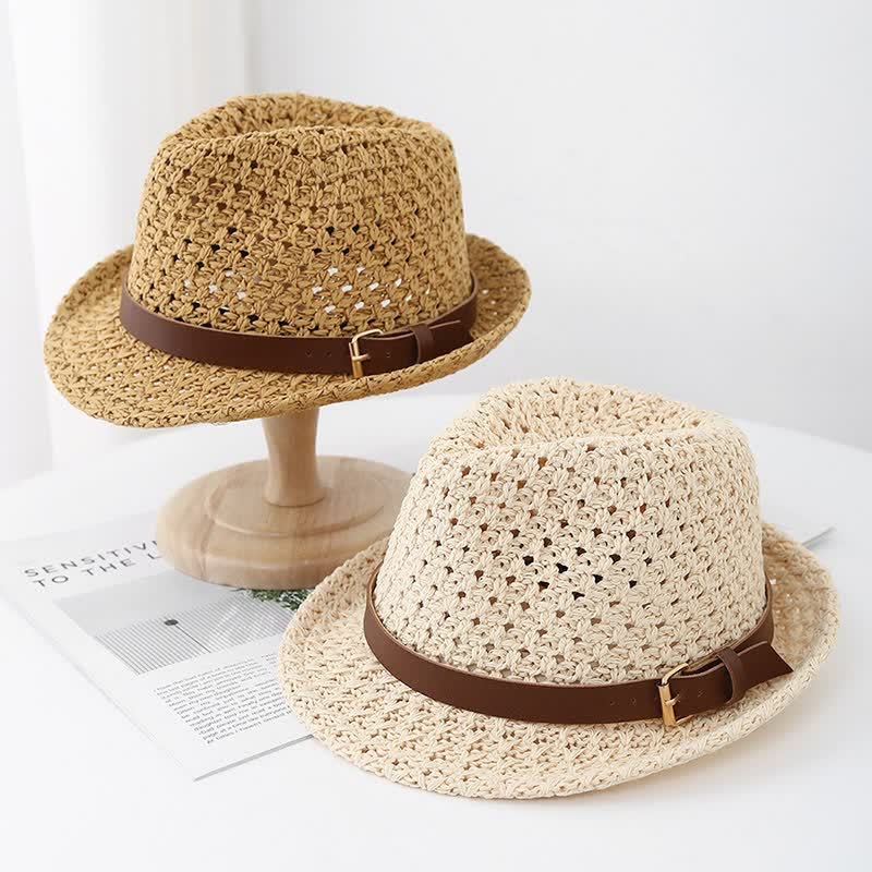 Men's Classic British-style Leather Strap Straw Fedora Hat - Image 5