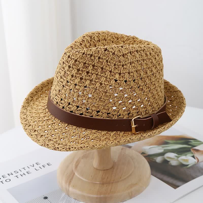 Men's Classic British-style Leather Strap Straw Fedora Hat - Image 6