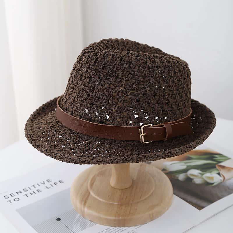 Men's Classic British-style Leather Strap Straw Fedora Hat - Image 8