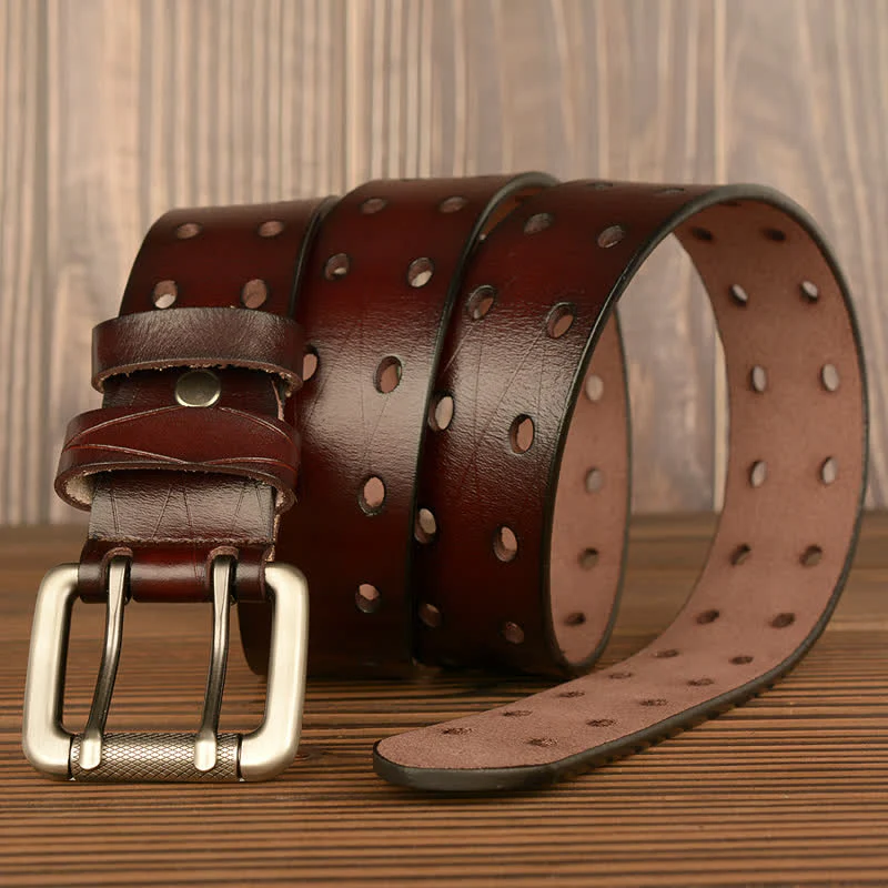 Men's Classic Double Row Hole Leather Belt - Image 2