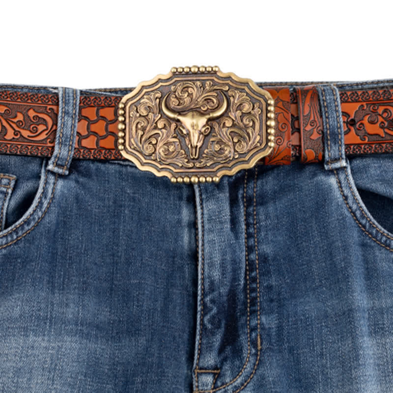 Men's Classic Floral Bull Skull Leather Belt - Image 5