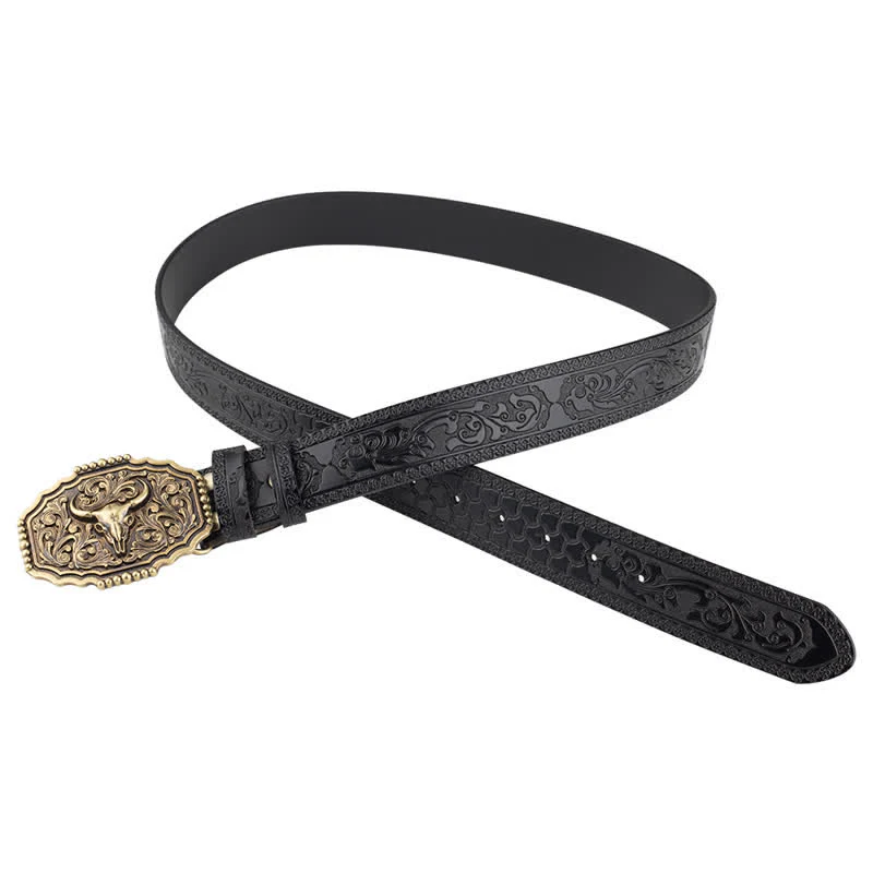 Men's Classic Floral Bull Skull Leather Belt - Image 8