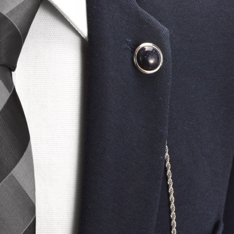 Men's Classic Natural Gemstone Lapel Chain Suit Brooch With Hanging Chain - Image 5