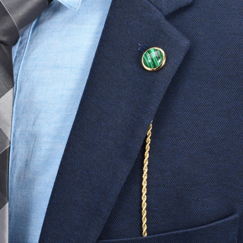 Men's Classic Natural Gemstone Lapel Chain Suit Brooch With Hanging Chain - Image 7