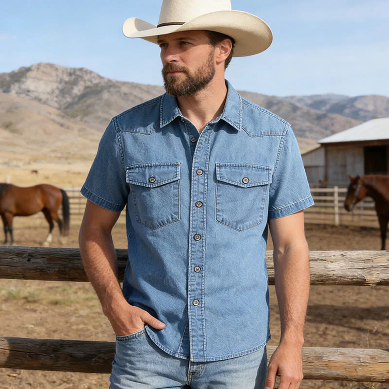 Men's Classic Retro Double Pockets Denim Shirt - Image 6