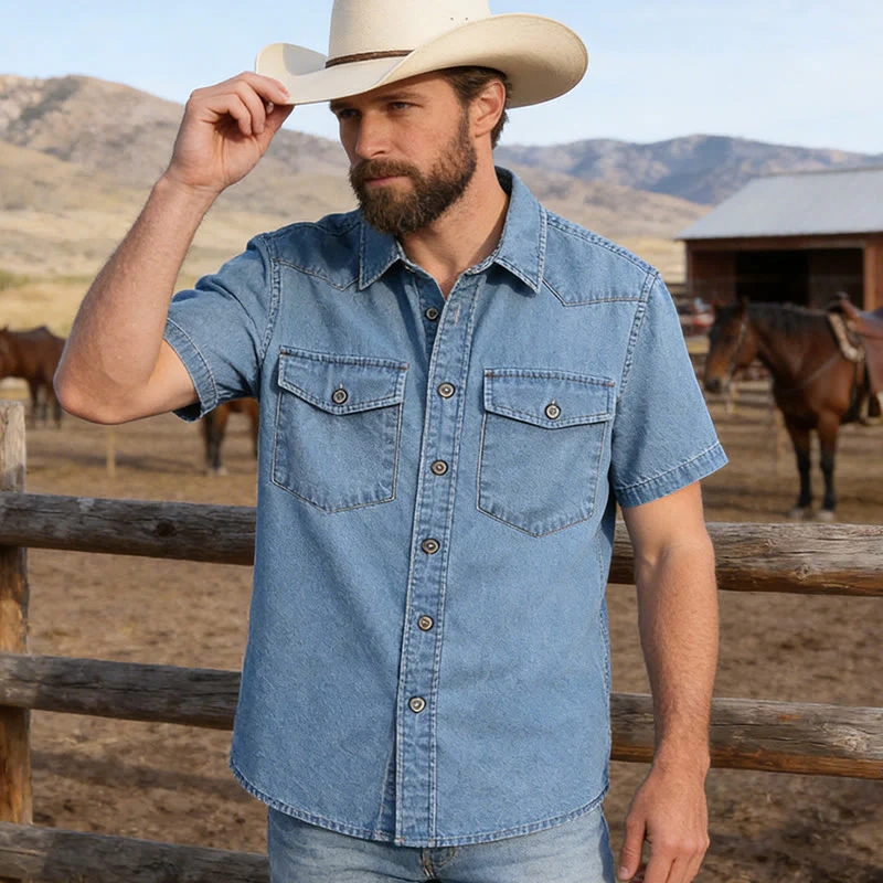 Men's Classic Retro Double Pockets Denim Shirt - Image 7