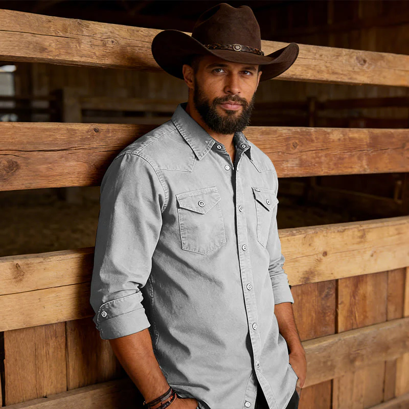 Men's Classic Washed Double Pocket Denim Workwear Shirt - Image 7