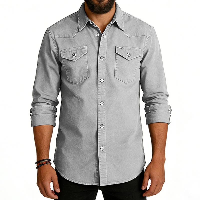 Men's Classic Washed Double Pocket Denim Workwear Shirt - Image 9