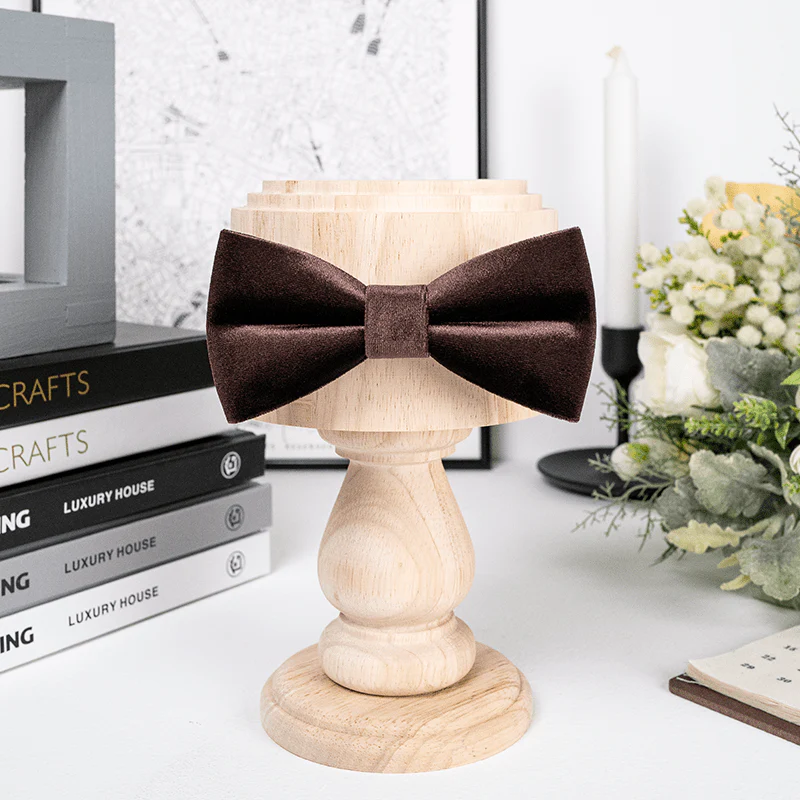 Men's Coffee Brown Solid Color Velvet Bow Tie - Image 3