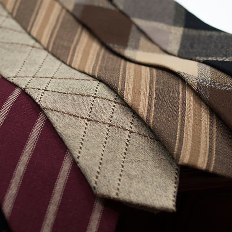 Men's Coffee-Colored Checkered Striped British Cotton Necktie - Image 2