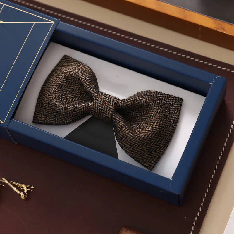 Men's Coffee Herringbone Pattern Woolen Bow Tie - Image 3