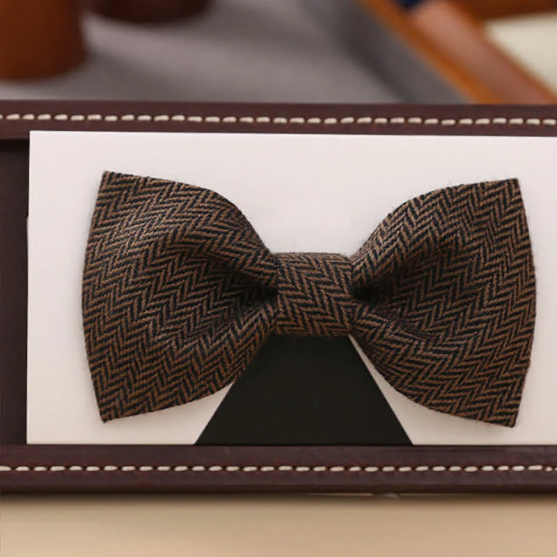 Men's Coffee Herringbone Pattern Woolen Bow Tie - Image 4
