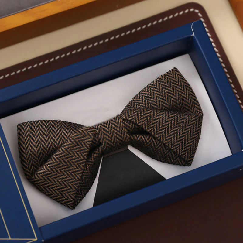 Men's Coffee Herringbone Pattern Woolen Bow Tie - Image 6