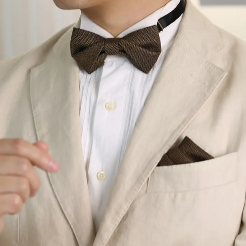 Men's Coffee Herringbone Pattern Woolen Bow Tie - Image 7