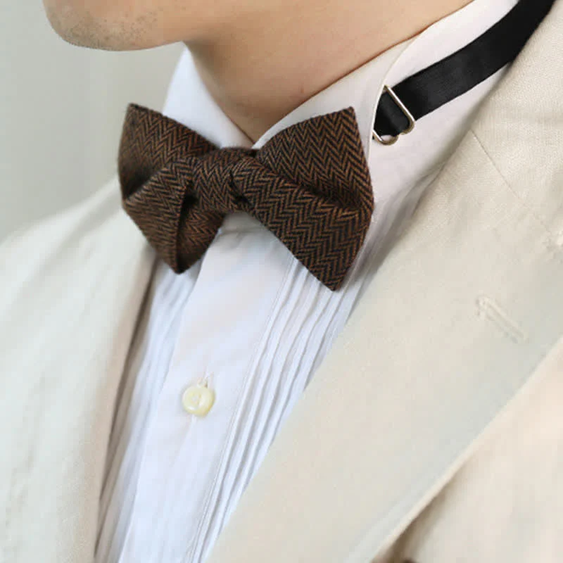 Men's Coffee Herringbone Pattern Woolen Bow Tie - Image 8