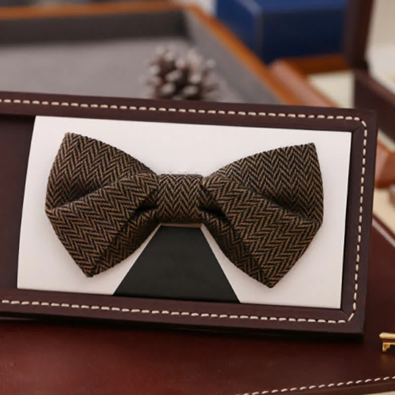 Men's Coffee Herringbone Pattern Woolen Bow Tie - Image 9