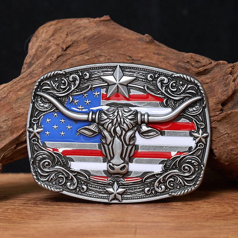 Men's Colorful Star-striped Flag Longhorn bull Buckle Leather Belt