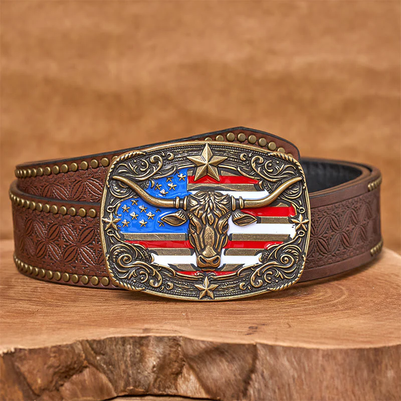Men's Colorful Star-striped Flag Longhorn bull Buckle Leather Belt - Image 10