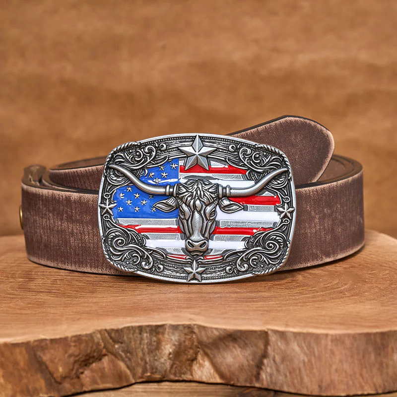 Men's Colorful Star-striped Flag Longhorn bull Buckle Leather Belt - Image 11