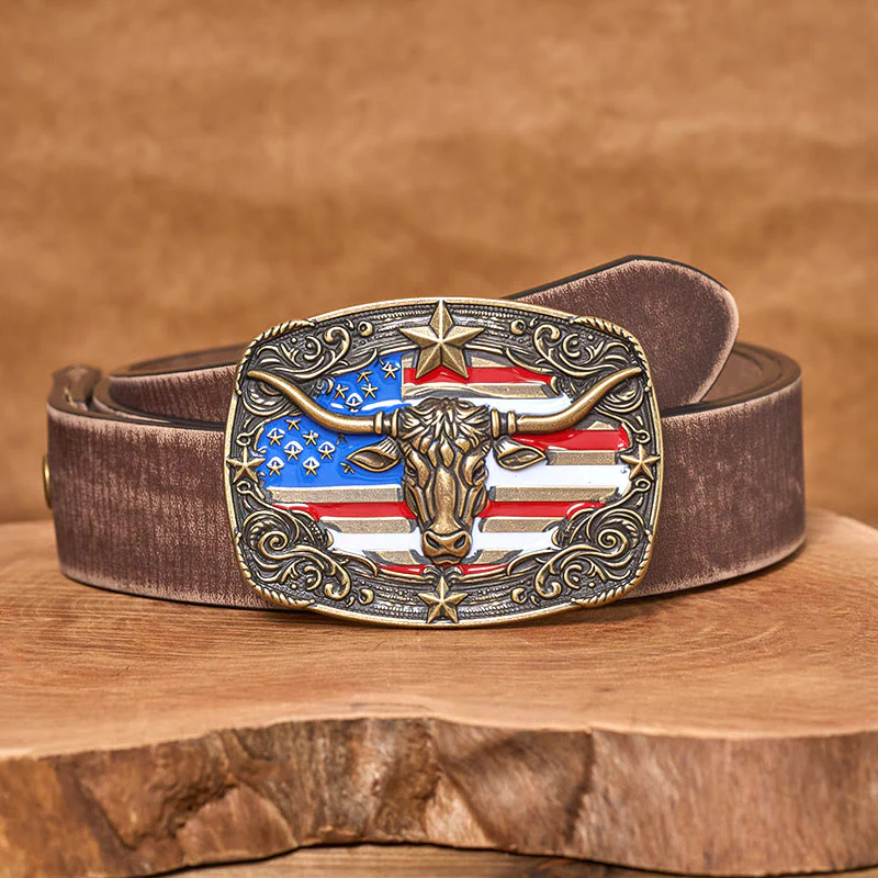 Men's Colorful Star-striped Flag Longhorn bull Buckle Leather Belt - Image 12