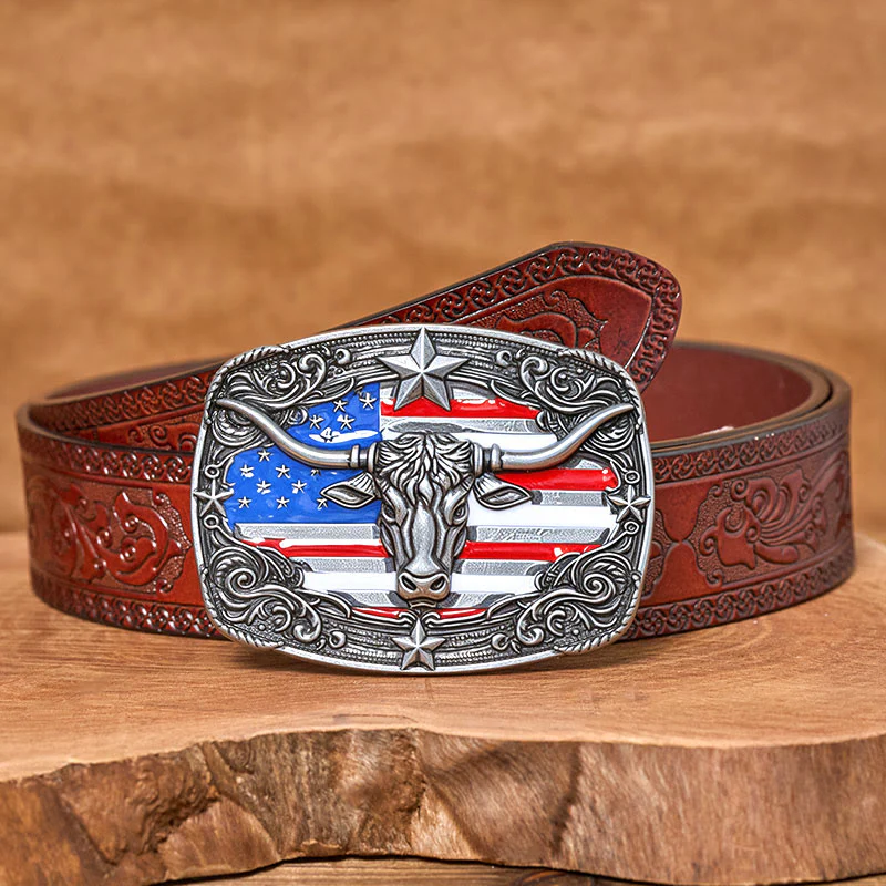 Men's Colorful Star-striped Flag Longhorn bull Buckle Leather Belt - Image 13