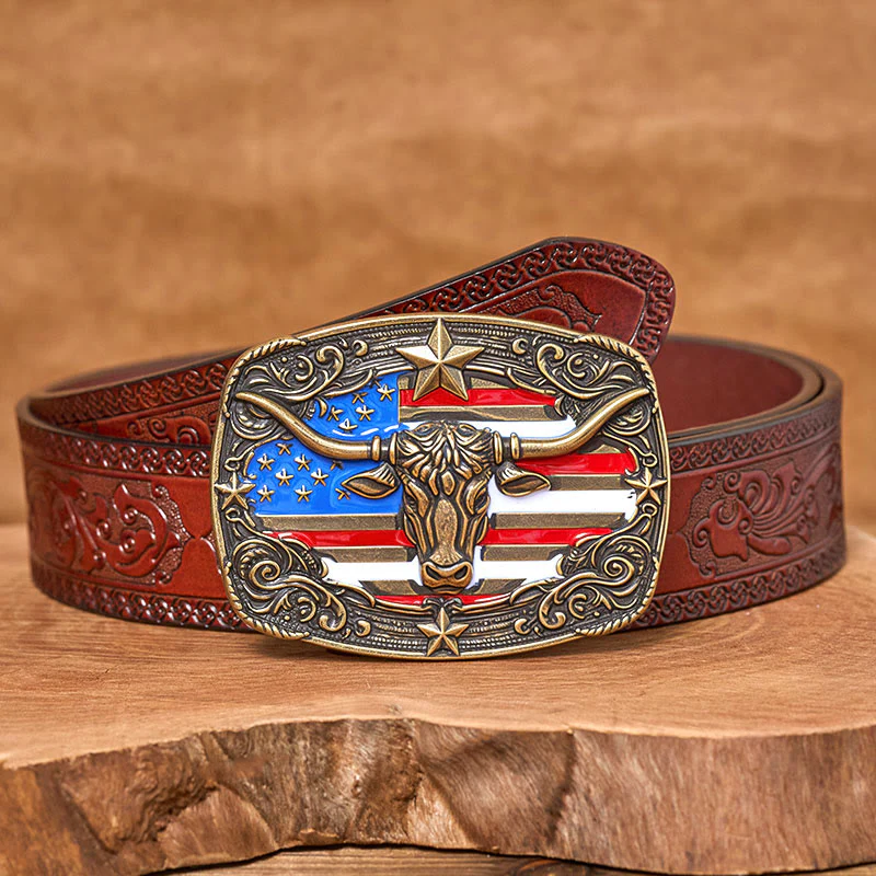 Men's Colorful Star-striped Flag Longhorn bull Buckle Leather Belt - Image 14