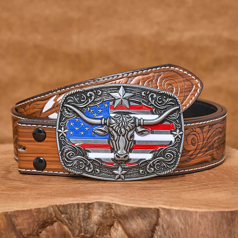 Men's Colorful Star-striped Flag Longhorn bull Buckle Leather Belt - Image 15