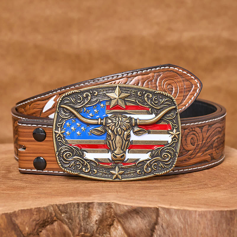 Men's Colorful Star-striped Flag Longhorn bull Buckle Leather Belt - Image 16