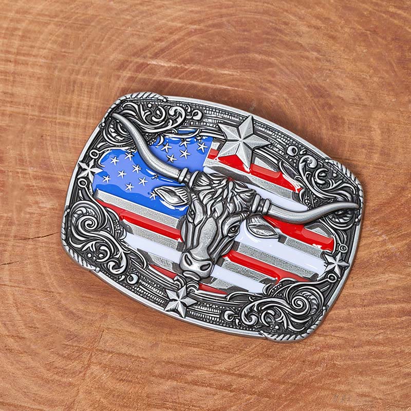 Men's Colorful Star-striped Flag Longhorn bull Buckle Leather Belt - Image 2