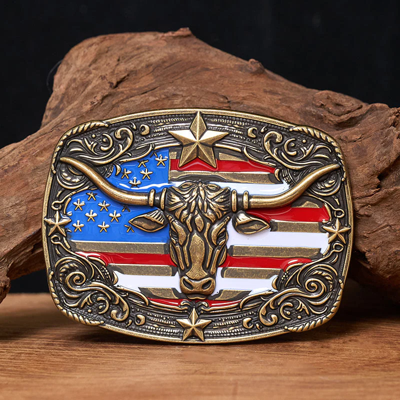 Men's Colorful Star-striped Flag Longhorn bull Buckle Leather Belt - Image 3