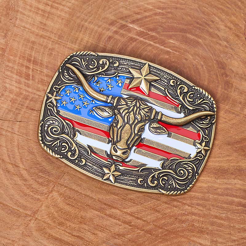 Men's Colorful Star-striped Flag Longhorn bull Buckle Leather Belt - Image 4