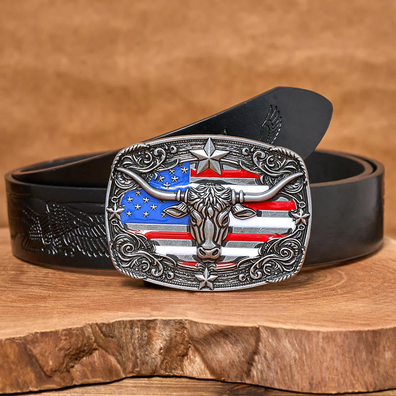 Men's Colorful Star-striped Flag Longhorn bull Buckle Leather Belt - Image 5