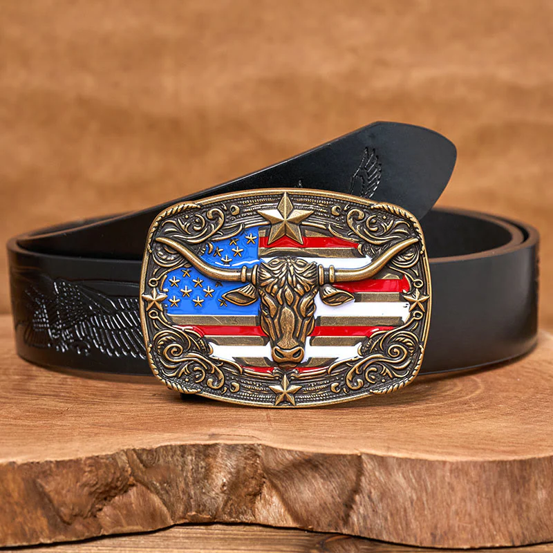 Men's Colorful Star-striped Flag Longhorn bull Buckle Leather Belt - Image 6