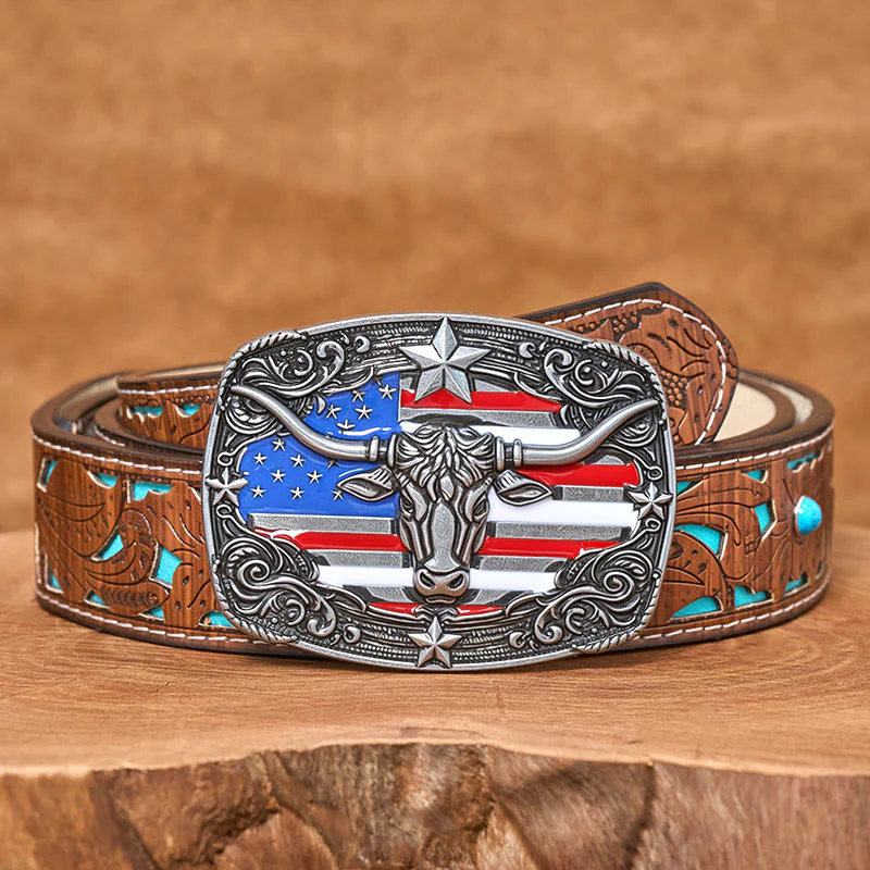 Men's Colorful Star-striped Flag Longhorn bull Buckle Leather Belt - Image 7