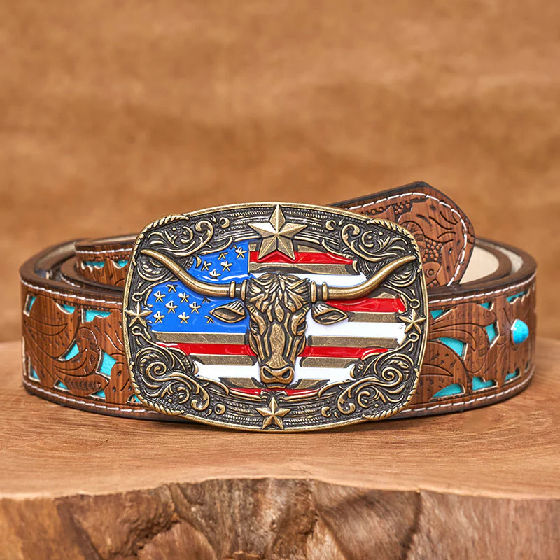 Men's Colorful Star-striped Flag Longhorn bull Buckle Leather Belt - Image 8
