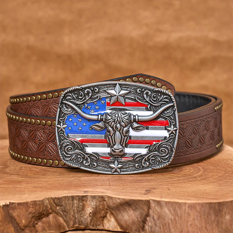 Men's Colorful Star-striped Flag Longhorn bull Buckle Leather Belt - Image 9