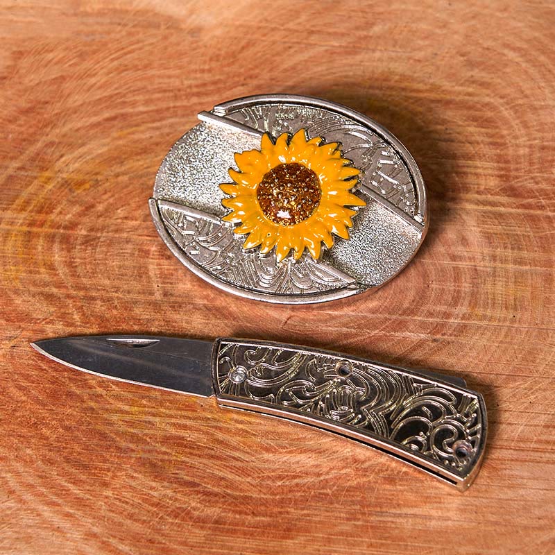 Men's Colorful Sunflower DIY Hidden Knife Western Buckle Leather Belt (Pre-Sale) - Image 3